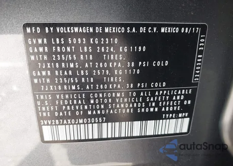 2018 Volkswagen Tiguan 2.0T Se/2.0T Sel из США, поврежденный, VIN 3VV2B7AX0JM030557